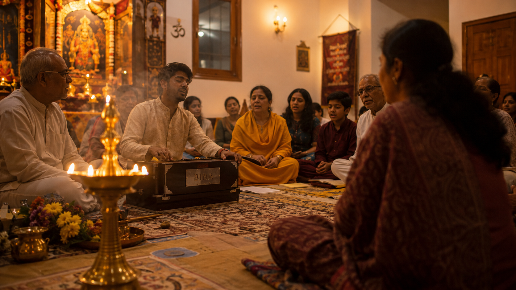 Evening bhajan session — participants seated, harmonium player, brass lamp, warm candlelit atmosphere