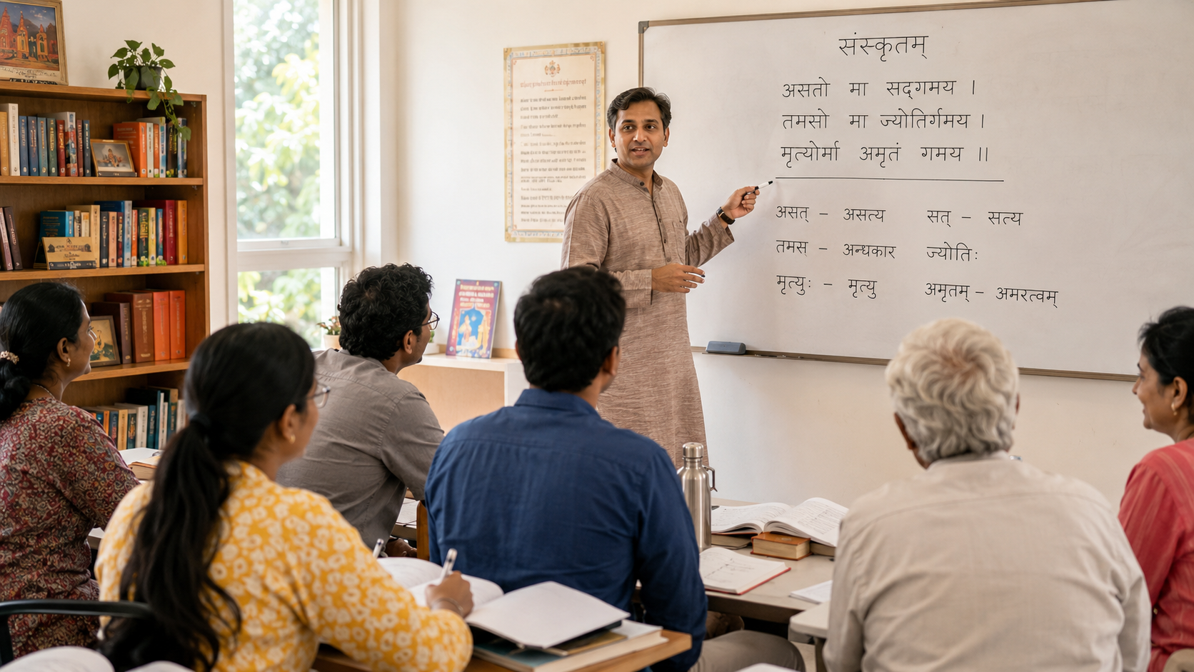 Sanskrit class in session — teacher at whiteboard with Sanskrit script, engaged students of mixed ages