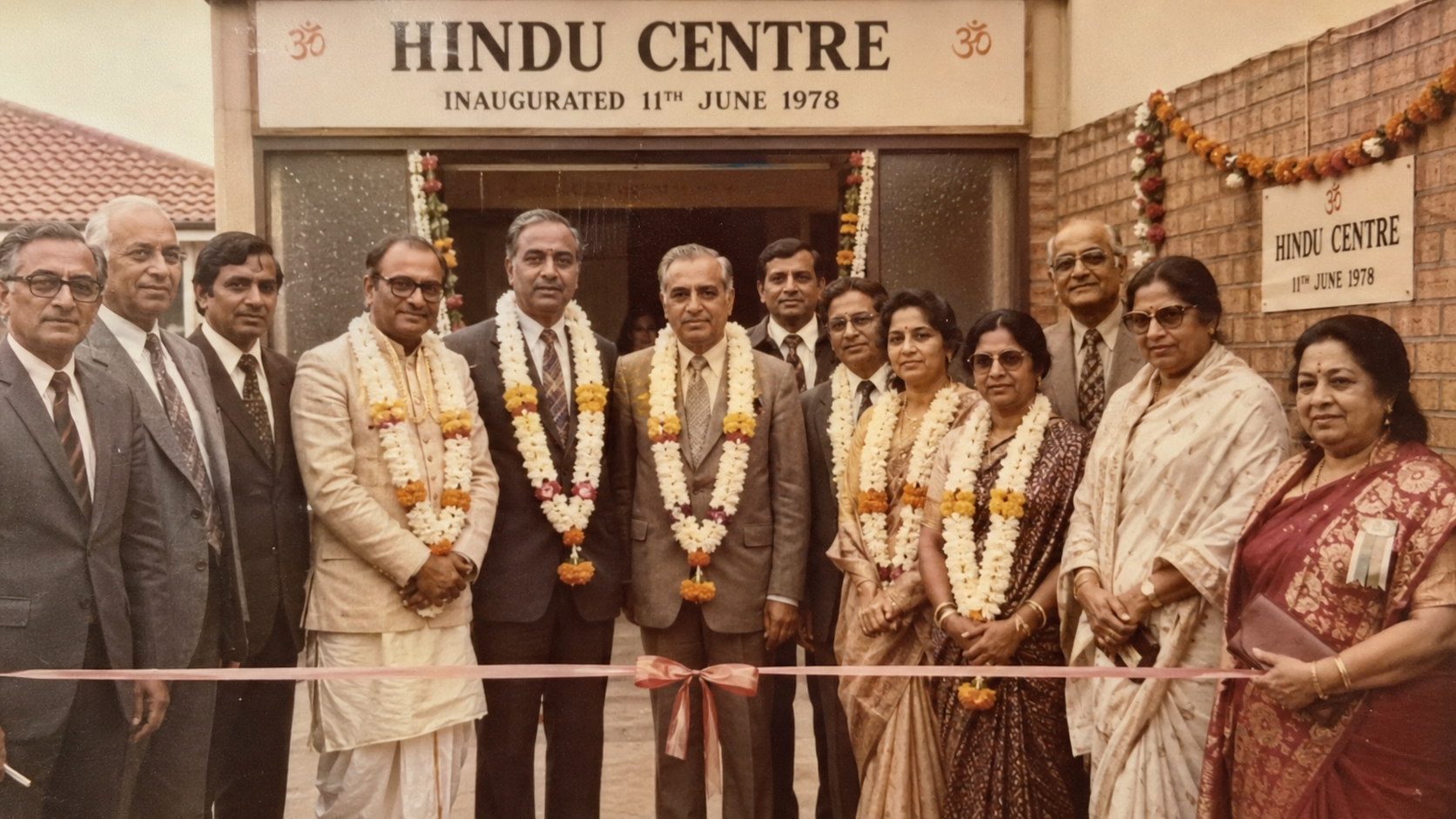 Hindu Centre inauguration, 11th June 1978 — founders in formal attire with garlands at ribbon cutting