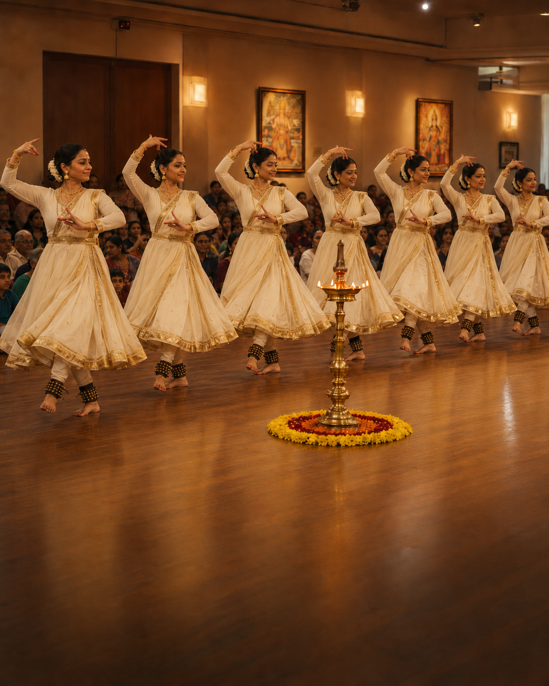 Navaratri — a row of women dancers in Kerala kasavu sarees performing Bharatanatyam, brass oil lamp at the centre of their formation, audience seated in soft focus