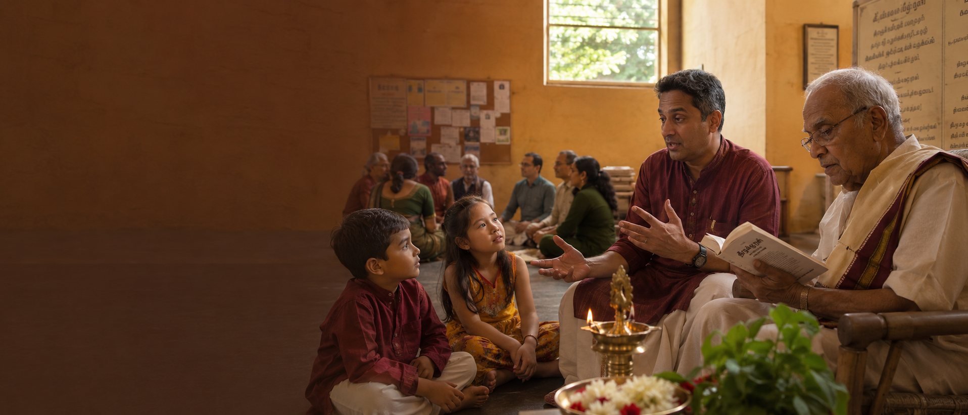 About — Multi-generational Singaporean Hindu community inside a warm-toned hall: elder reading Tamil text, volunteer in maroon kurta, children on the floor, late afternoon light