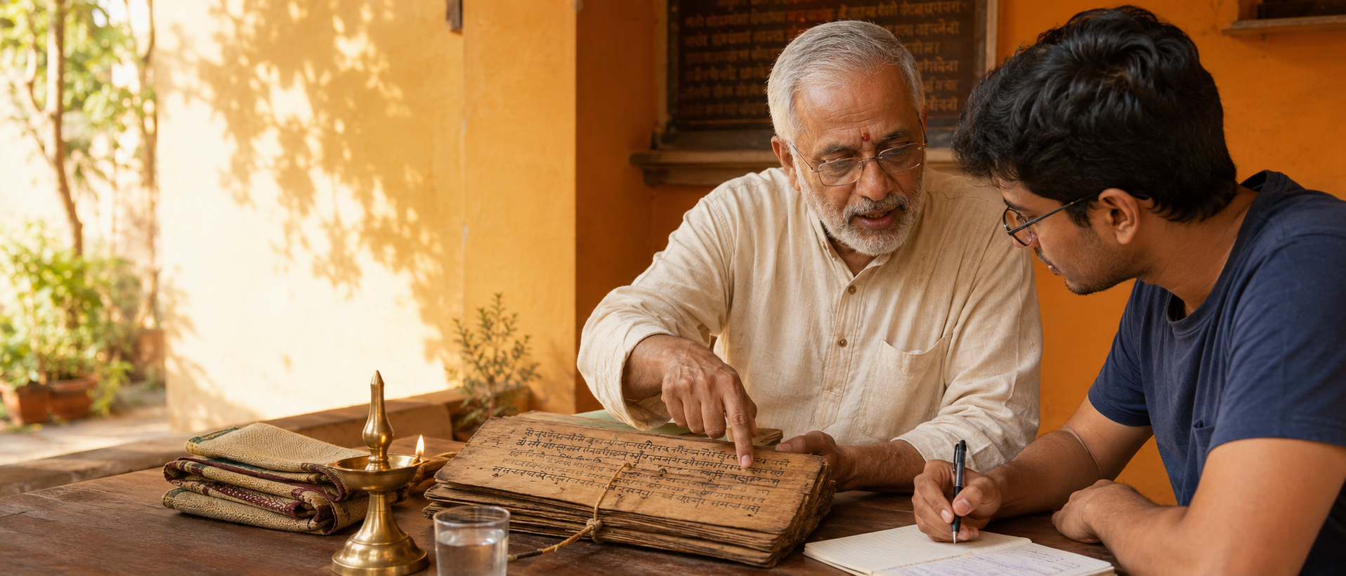 Learn — Senior teacher leaning over a Sanskrit palm-leaf manuscript, explaining to a young man taking notes, warm afternoon sidelight