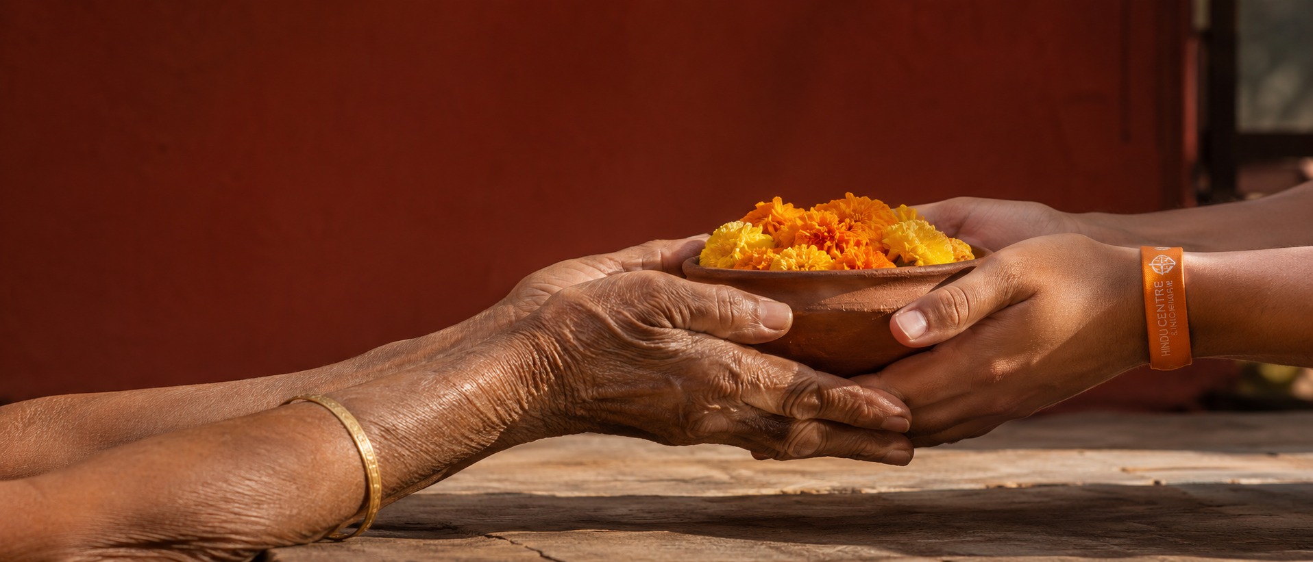 Sevaa — two pairs of hands meeting across a table, elderly hand with gold bangle and younger hand with saffron wristband, holding marigolds together