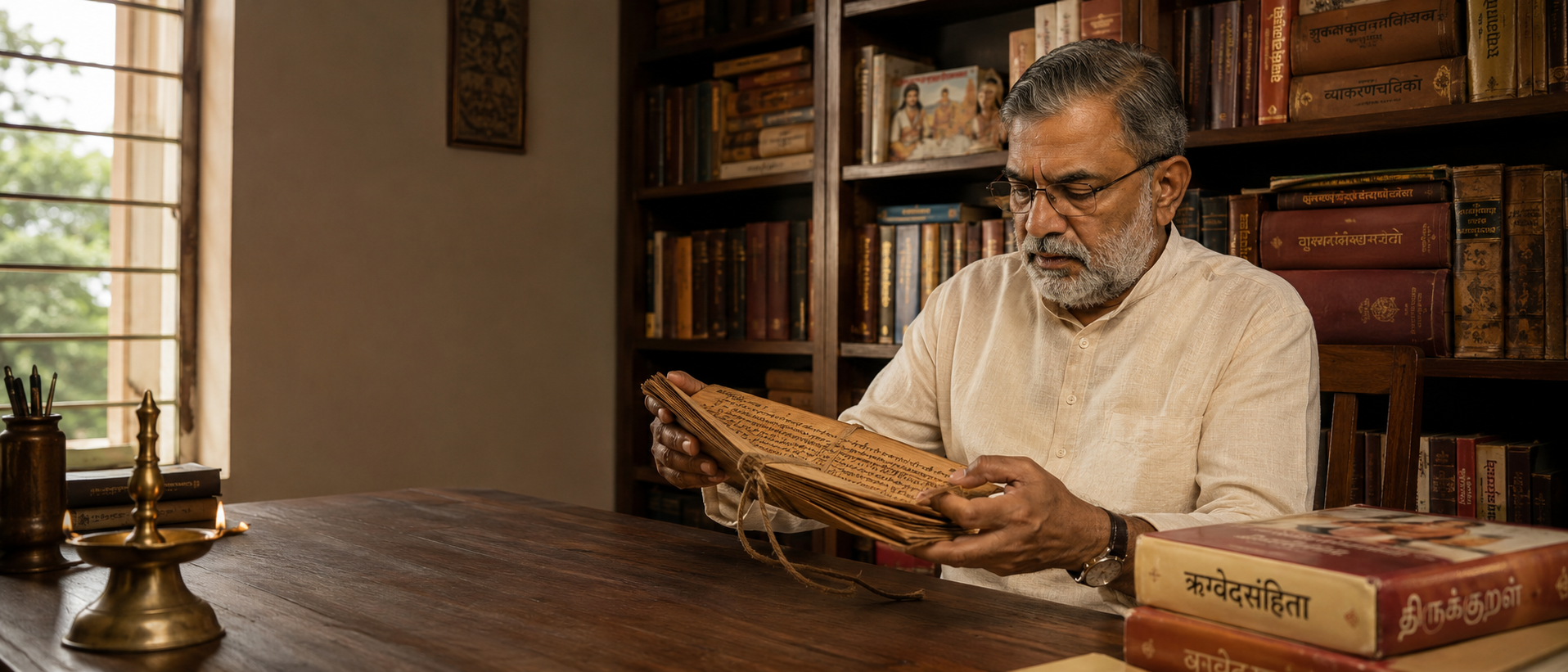 ACHS — a scholar in a cream kurta at a wooden desk in a small library, holding open a palm-leaf manuscript, dark bookshelves of Sanskrit and Tamil texts behind, afternoon window light