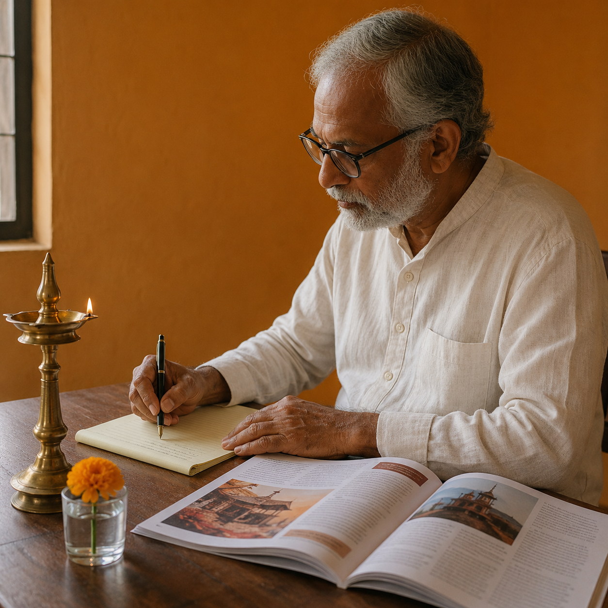 Patrika — a senior teacher writing with a fountain pen at a wooden desk, side profile, warm window light, small brass lamp lit, marigold in a glass