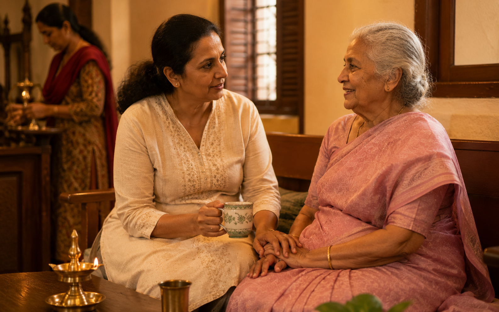 Bandhu — elderly Tamil woman and volunteer seated side by side in warm conversation, intergenerational befriending
