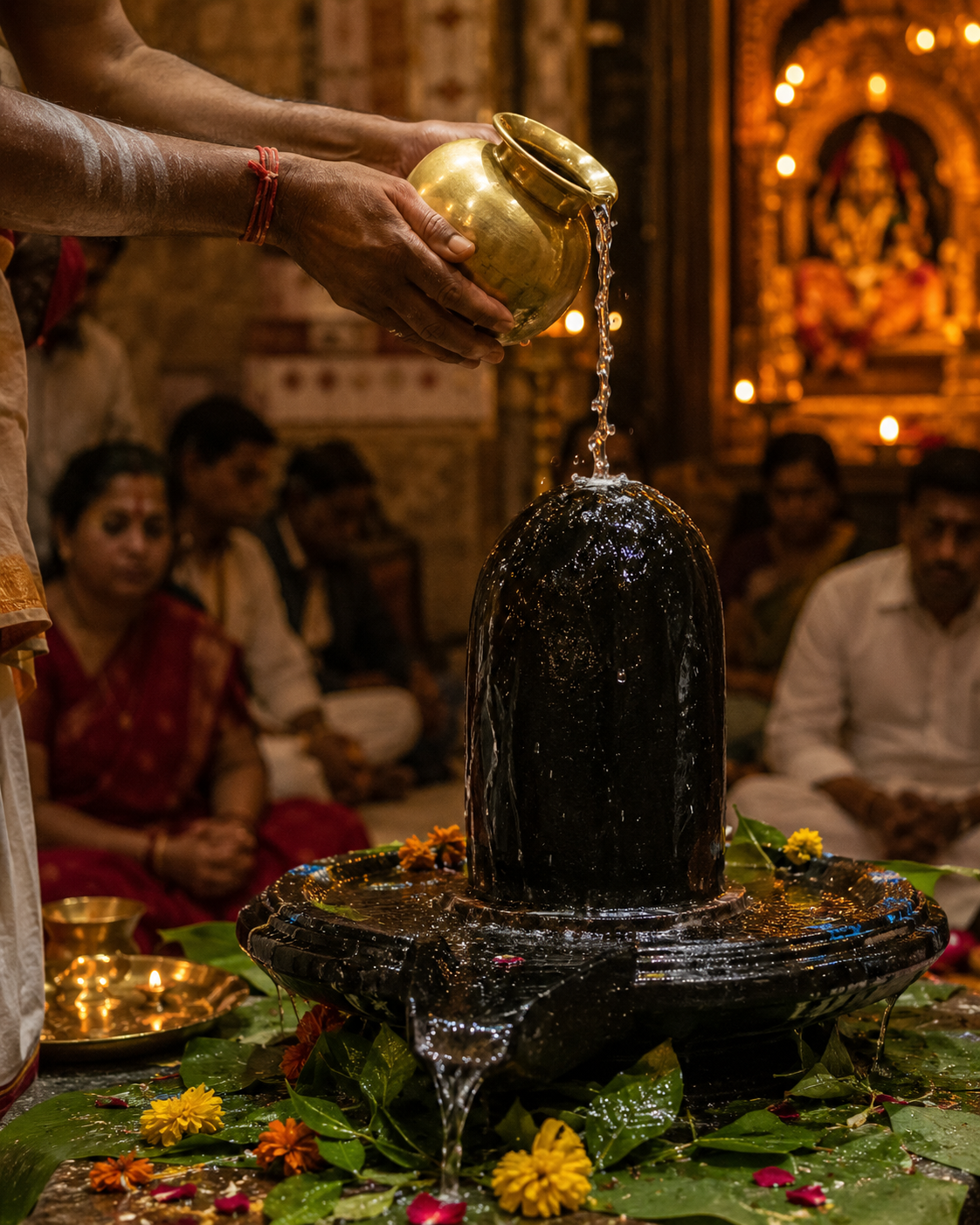 Maha Shivaratri — pre-dawn abhishegam, water poured from a brass vessel over a Shiva lingam, banana leaves and marigolds at the base, devotees in soft focus