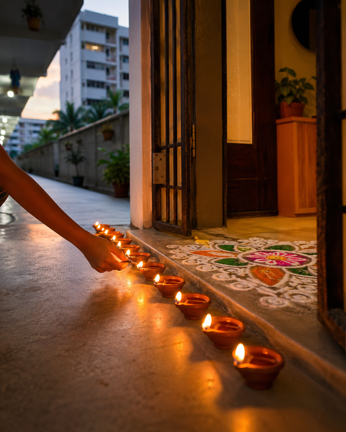 Deepavali — the threshold of a Singapore HDB flat at dusk, rows of small lit clay lamps, a child's hand placing one more lamp, fresh kolam at the doorway