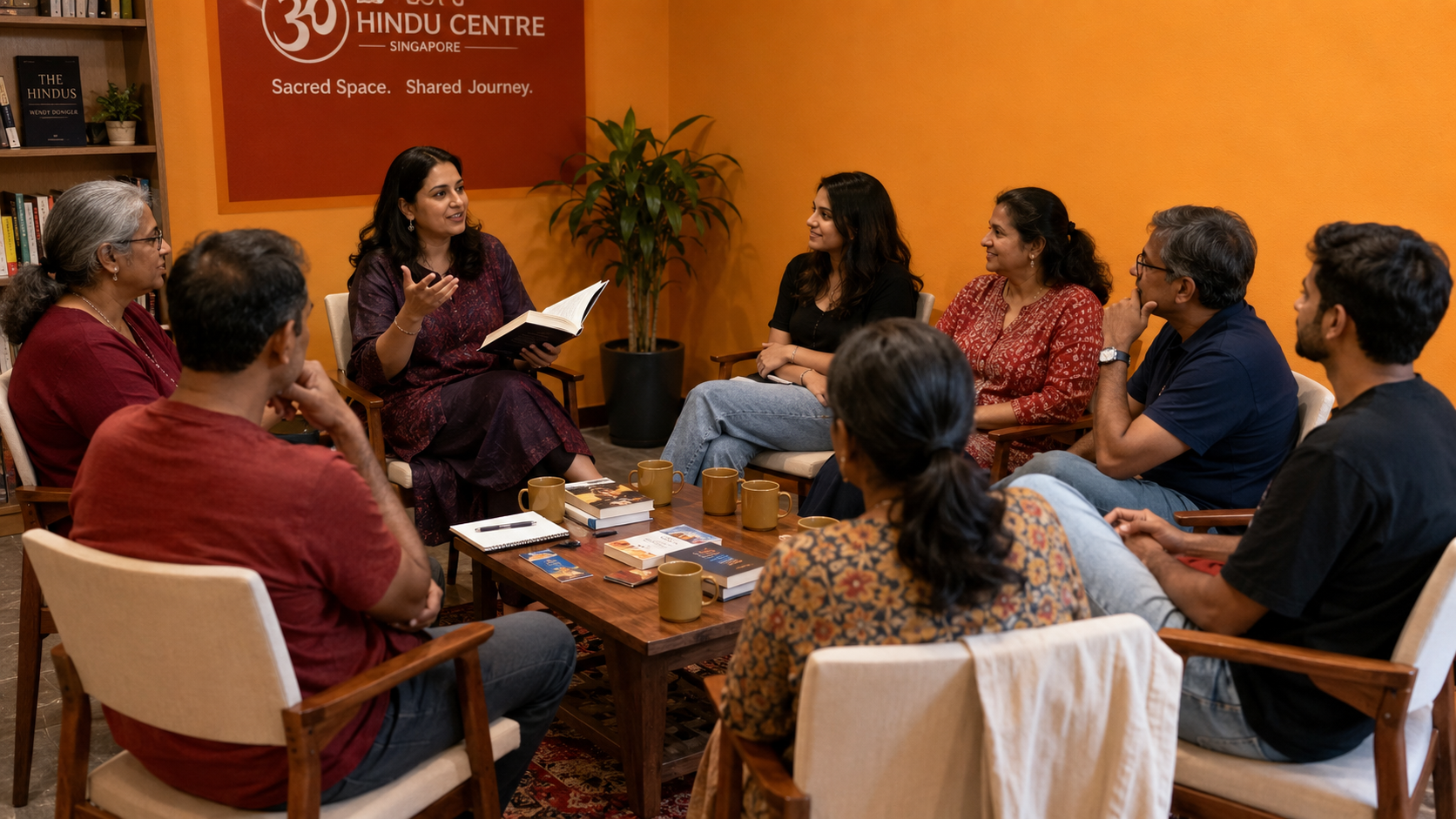 Pustaka — small book club circle in conversation, 8 people around a low table in a warm community room, author mid-sentence with open book, chai mugs, saffron wall in background