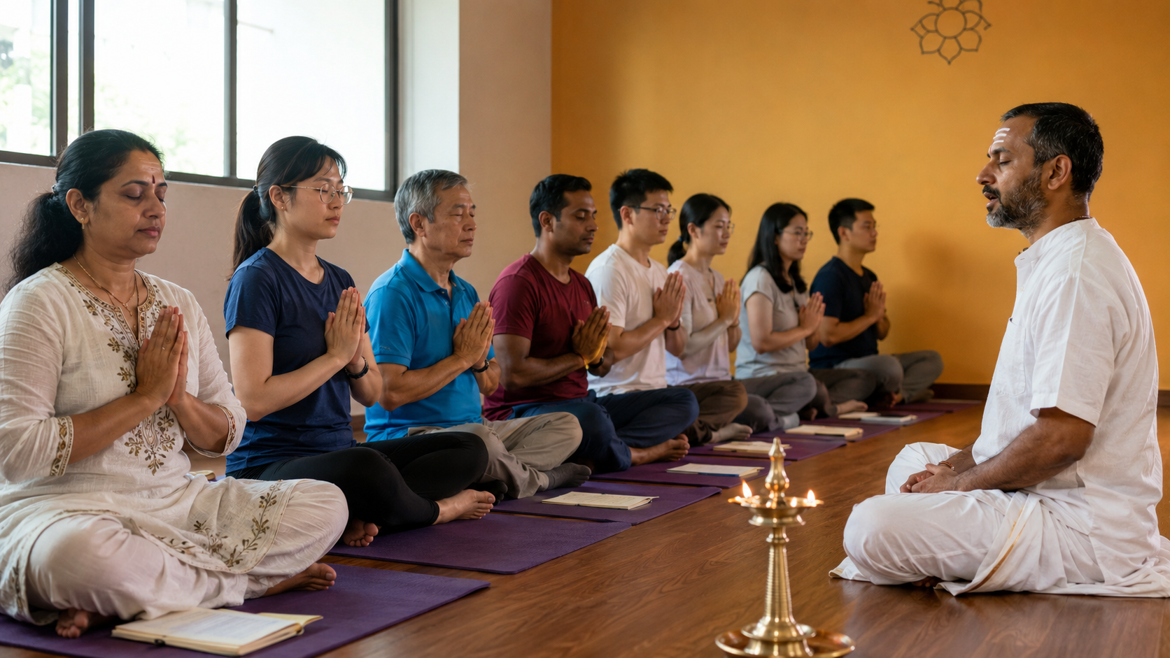 Vedic Yoga — eight participants on purple mats eyes closed, hands at heart in anjali mudra, teacher in white cotton kurta at front with a brass oil lamp, warm morning window light