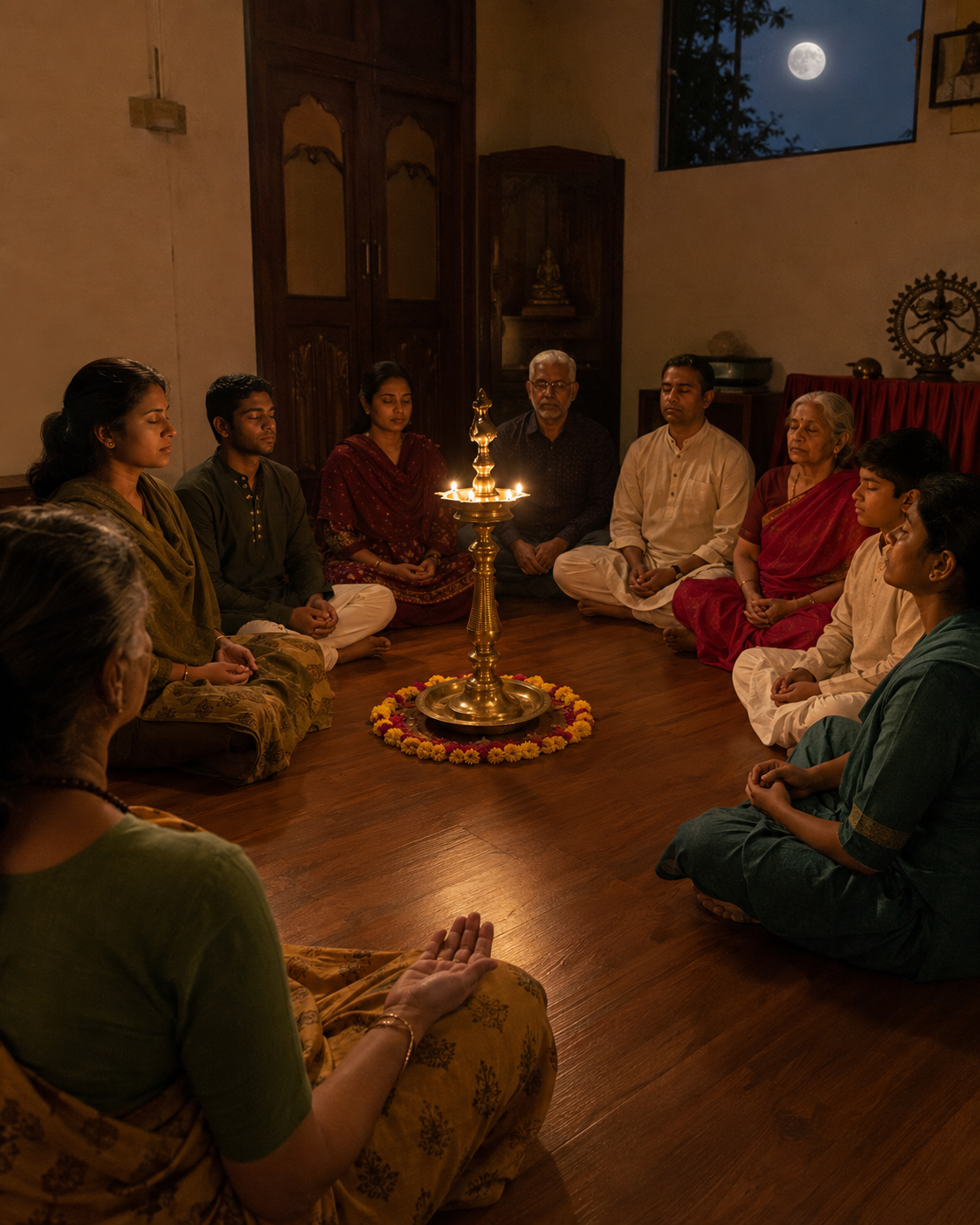 Full Moon Prayers — devotees in a circle around a lit brass oil lamp, eyes softly closed, warm evening light, moonlit atmosphere