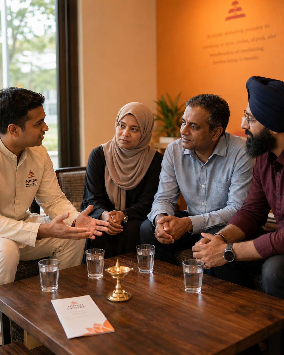 Interfaith Dialogues — four people of different faiths in conversation around a low wooden table, warm afternoon light, a small brass lamp present