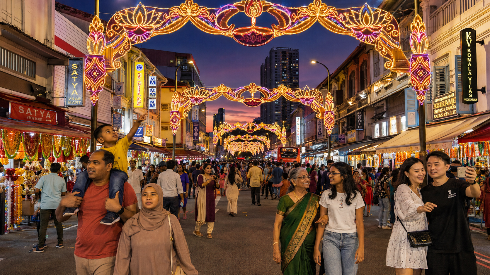 Serangoon Road during the Deepavali light-up — illuminated arches in gold and saffron stretching down the street, multi-racial crowd strolling beneath, shop fronts glowing, deep blue dusk sky
