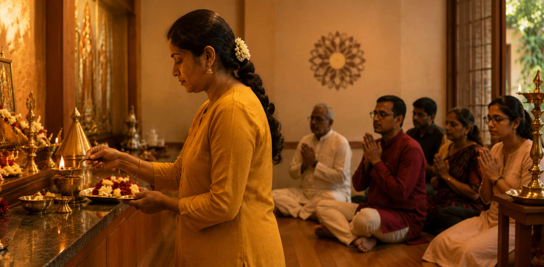 Bhajan session — devotees in a semicircle around a lit brass oil lamp, harmonium player mid-recitation, warm evening light